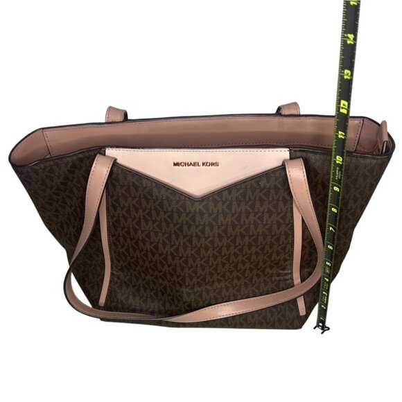 Michael Kors Tote Bag Brown Logo Print Leather Trim Style 30T8TN1T1B Authenticat - Picture 13 of 16